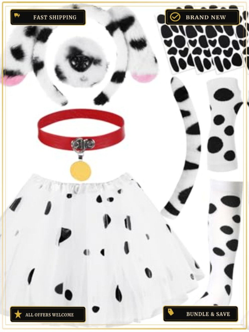 13 Pc Dalmatian Dog Costume Accessory Set Tutu Tights Headband
